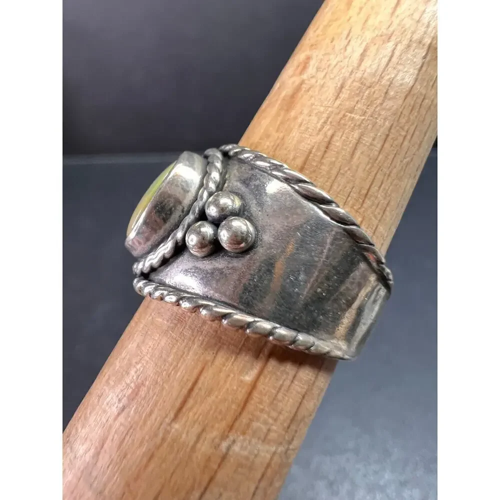 Vintage Sterling Silver Size 6 Ring | Artisan Style Green Cabochon Band